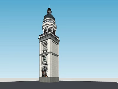 Classical Bell Tower With White Structure Black Dome Multi level Windows Against Blue Sky Background 3d model