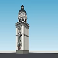 Classical Bell Tower With White Structure Black Dome Multi level Windows Against Blue Sky Background