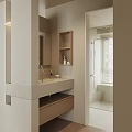 Modern Bathroom Interior With Vanity Countertop Mirror Wooden Cabinets And Glass Shower Partition