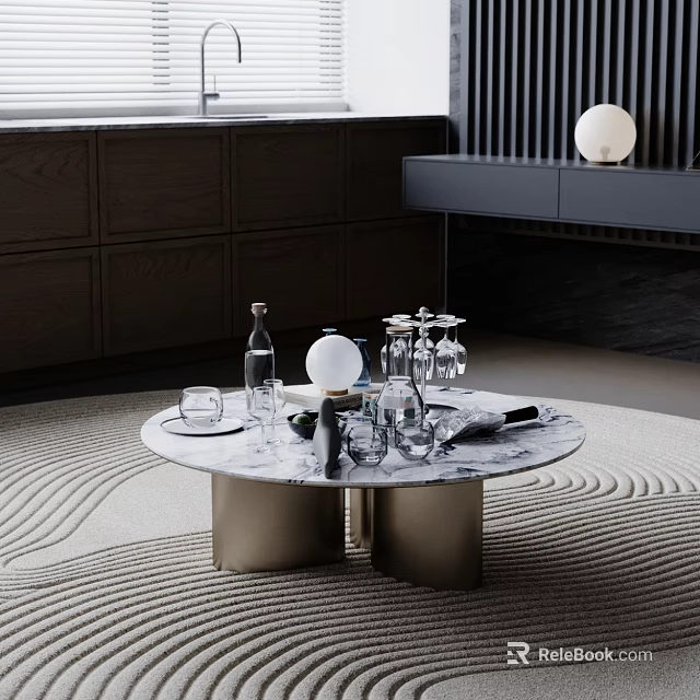 Round Marble Coffee Table With Wine Bottles Glasses Dark Cabinets And Woven Rug Decor 3d model 