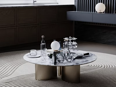 Round Marble Coffee Table With Wine Bottles Glasses Dark Cabinets And Woven Rug Decor 3d model