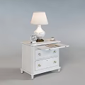 White Bedside Table With Table Lamp Alarm Clock Coffee Cup And Drawer With Gold Knobs 3d model