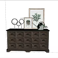 Rustic Wooden Entryway Side Cabinet With Drawers Framed Art Round Mirror And Potted Plant