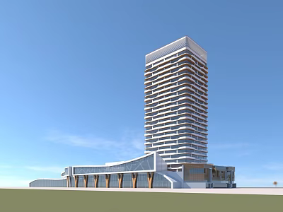 Modern High Rise Hotel Building With Glass Facade And Lower Podium Structure 3d model
