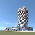 Modern High Rise Hotel Building With Glass Facade And Lower Podium Structure