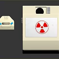 White Device Featuring Radiation Symbol And Red Warning Sign On Tabletop Stand 3d model