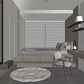 Tatami Bedroom Interior Design With Platform Bed Sliding Window Wooden Desk And Round Rug