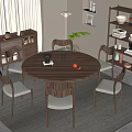 Quiet Ancient Style Dining Table and Chair Combination Round Solid Wood Dining Table Dining Chair Six-person Storage Rack Sideboard Vase Decoration Floor Lamp 3d model