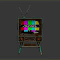 Vintage Green Television With Antenna And Colorful Static Screen On Rusty Stand