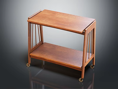 Classic Wooden Two Tier Cart With Shelves And Rolling Wheels 3d model