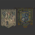 Medieval Tapestry Banners Displaying Castle Scene And Shield Emblem With Colorful Designs And Metal Hooks
