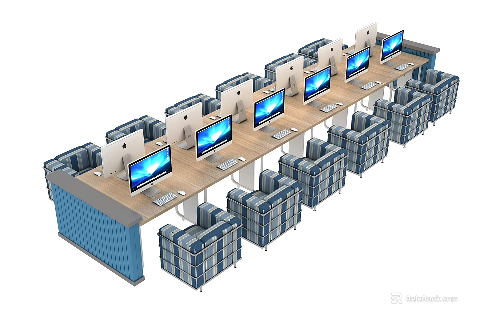 Container Modified Long Desk With Multiple Computer Monitors And Striped Chairs 3d model