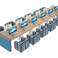Container Modified Long Desk With Multiple Computer Monitors And Striped Chairs 3d model