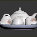 White Ceramic Teapot With Three Cups On Blue Rimmed Tray For Daily Use