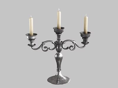 Vintage Metal Candelabra With Three White Candles And Decorative Curved Base 3d model