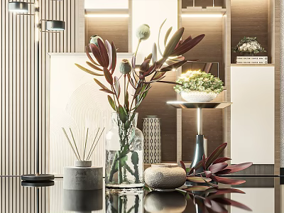 Modern Transparent Vase Floral Arrangement With Green Leaves Buds And Decorative Stones 3d model