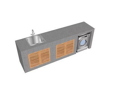 Modern Washbasin With Gray Countertop Wooden Cabinet Doors And Washing Machine 3d model