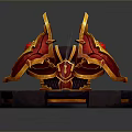 Ornate Mythical Weapon With Red And Gold Fiery Wing Decorations On Purple Orange Circular Platform
