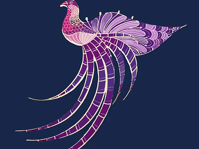 Decorative Phoenix Wall Decor With Purple Pink Ornate Feathers On Deep Blue Background 3d model
