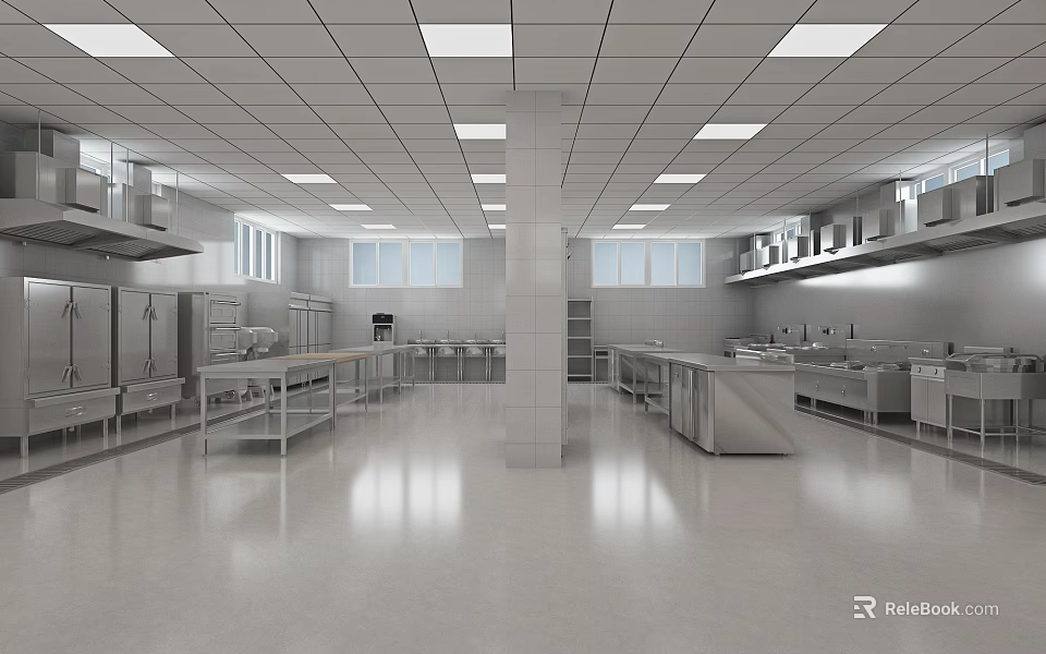 Commercial Restaurant Kitchen Featuring Stainless Steel Equipment Worktables Cabinets Bright Lighting And Spacious Layout 3d model 
