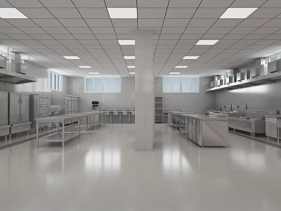 Commercial Restaurant Kitchen Featuring Stainless Steel Equipment Worktables Cabinets Bright Lighting And Spacious Layout 3d model