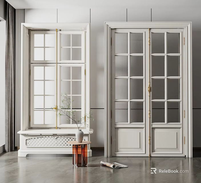 White Double Door Grid Glass French Doors With Gold Hardware Side Table And Green Plant 3d model 