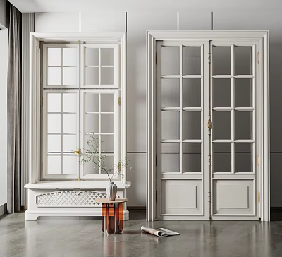 White Double Door Grid Glass French Doors With Gold Hardware Side Table And Green Plant 3d model