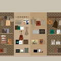 Stylish Bags and Boxes Hanging on Pegboard Wall with Shelves and Welcome Sign