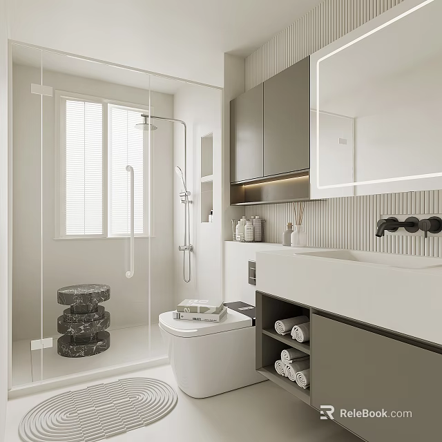 Modern Bathroom Interior Design With Glass Shower Door Blinds White Toilet And Vanity Mirror 3d model 