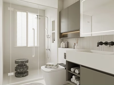 Modern Bathroom Interior Design With Glass Shower Door Blinds White Toilet And Vanity Mirror 3d model