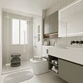 Modern Bathroom Interior Design With Glass Shower Door Blinds White Toilet And Vanity Mirror