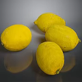 Four Fresh Yellow Lemons On Shiny Dark Surface With Reflections And Natural Texture
