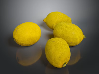 Four Fresh Yellow Lemons On Shiny Dark Surface With Reflections And Natural Texture 3d model