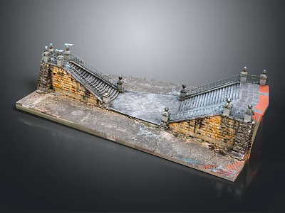 Curved Stone Staircase With Decorative Metal Railings And Brick Walls On Gray Textured Base 3d model