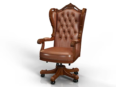 Luxury Brown Leather Office Chair with Tufted Backrest Carved Details and Wheeled Base 3d model