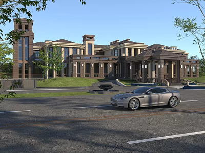 Luxury Hotel Building Exterior With Classical Tower Lawn Trees Driveway And Luxury Car 3d model