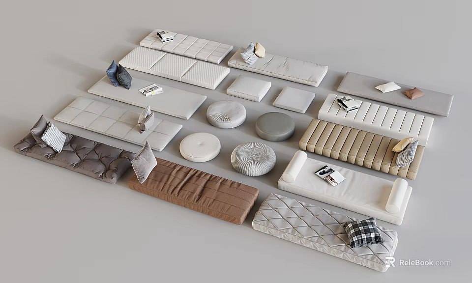 Various Styles Of Soft Decorative Pillows With Neutral Tones And Textured Fabrics For Home Decor 3d model 