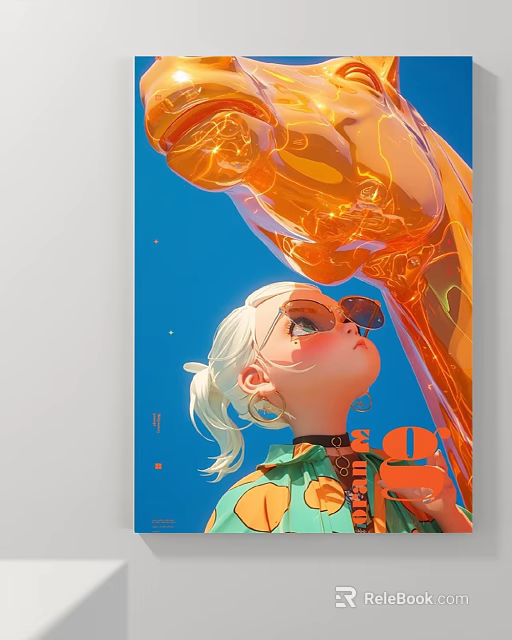Vibrant Character Illustration Of Blonde Girl With Sunglasses And Orange Translucent Sculpture On Blue Background 3d model 