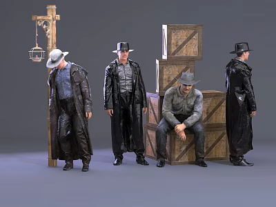 Group of Men in Black Coats Hats Near Wooden Crates with Lantern on Pole 3d model
