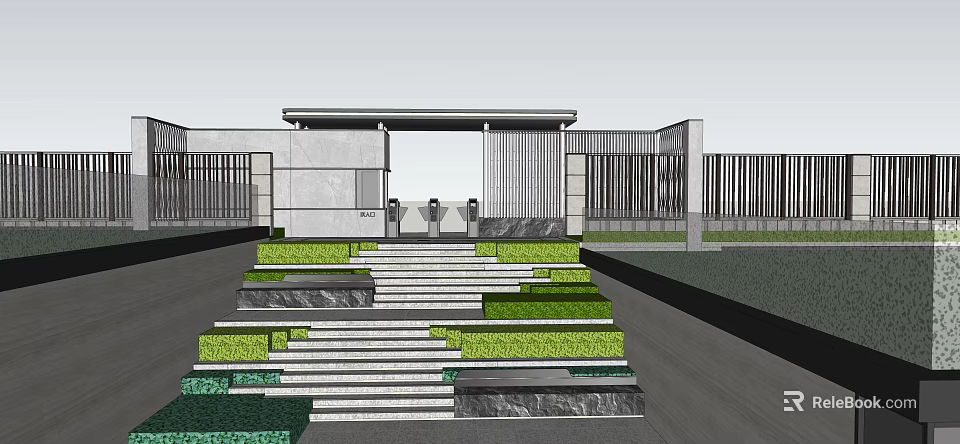 Modern Entrance Gate Design With Tiered Steps Lush Greenery And Vertical Slat Fencing 3d model 