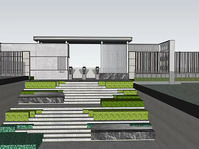 Modern Entrance Gate Design With Tiered Steps Lush Greenery And Vertical Slat Fencing 3d model