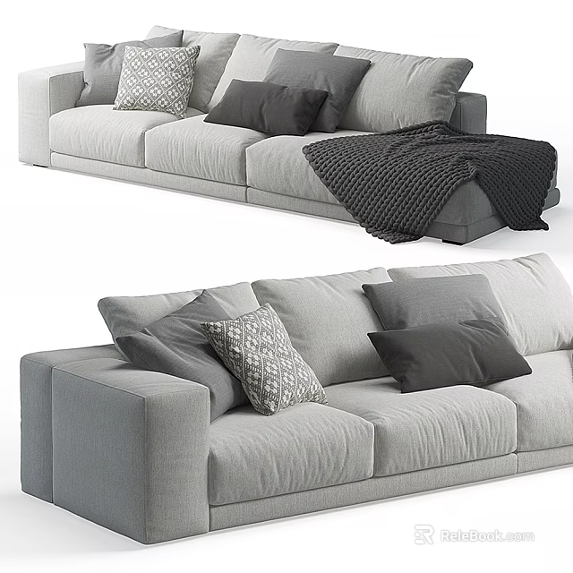 Modern Gray Sectional Sofa Interior With Stylish Throw Pillows And Blanket 3d model