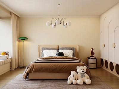 Cozy Bedroom Interior With Double Bed Chandelier Floor Lamp Teddy Bears And Soft Rug 3d model