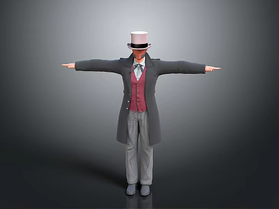 Man Wearing White Top Hat Black Long Coat Red Vest Striped Pants Arms Outstretched 3d model