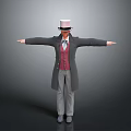 Man Wearing White Top Hat Black Long Coat Red Vest Striped Pants Arms Outstretched