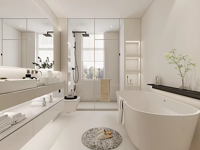 Modern Minimalist Bathroom Interior With Double Vanity Freestanding Bathtub And Large Mirror 3d model