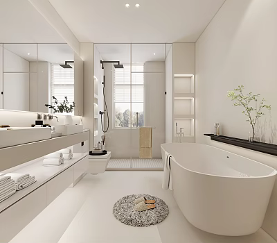 Modern Minimalist Bathroom Interior With Double Vanity Freestanding Bathtub And Large Mirror 3d model