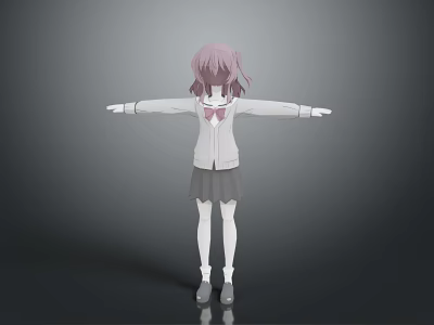 3D Character Little Girl With Pink Hair Wearing White Cardigan And Gray Skirt Arms Outstretched 3d model