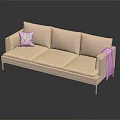 Modern Pink Three Seater Sofa with Decorative Pillow Throw Blanket Metal Legs on Reflective Floor