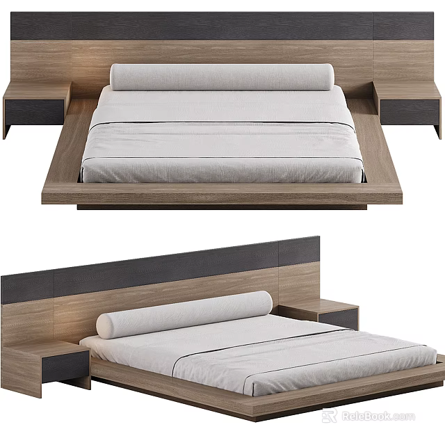 Modern Double Bed With Wooden Frame White Mattress Two Tone Headboard And Side Storage 3d model 